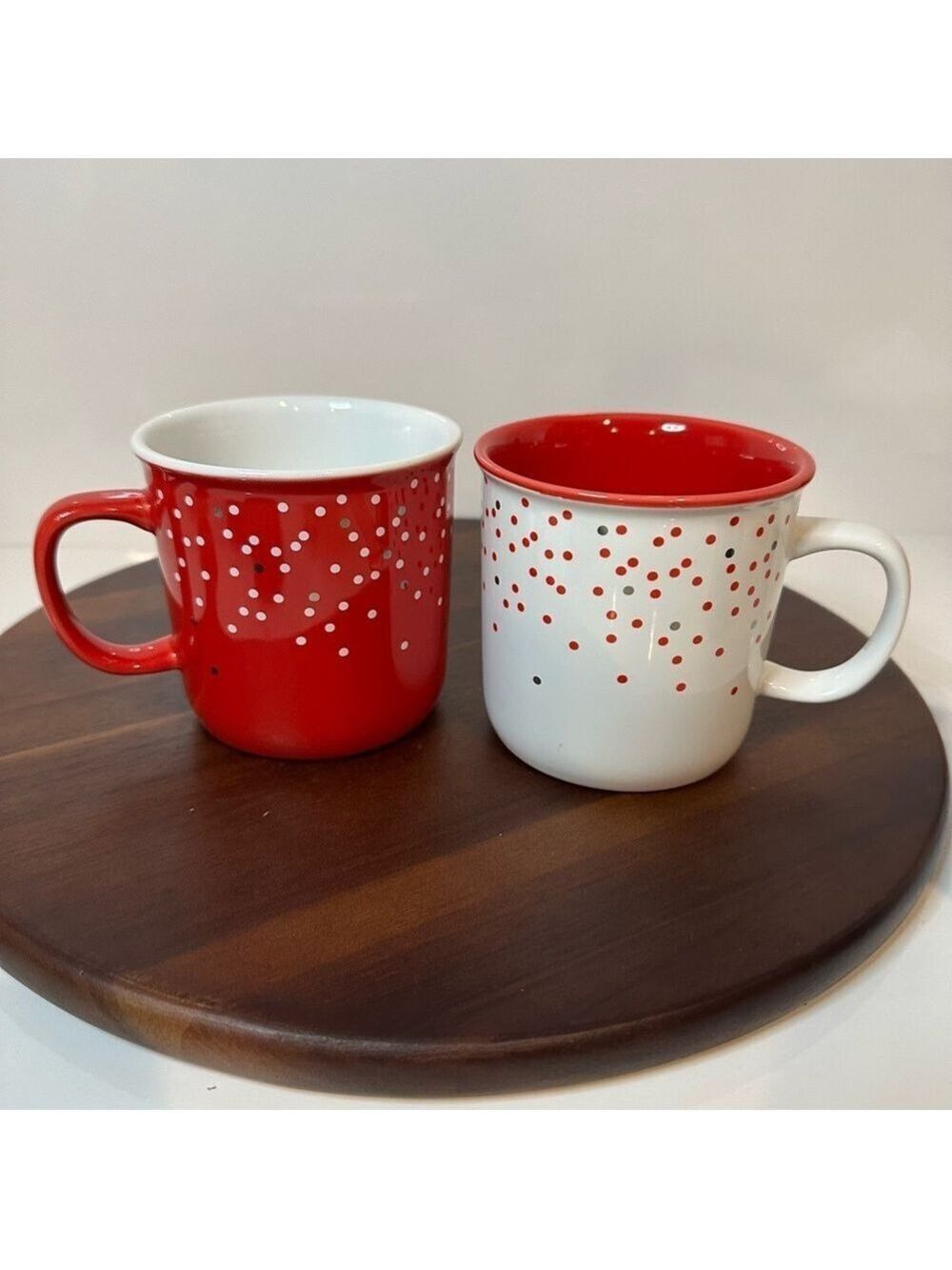 Set Of 2 Davids Tea Rustic Confetti Mug Cup Red White Dots Pattern Design EUC